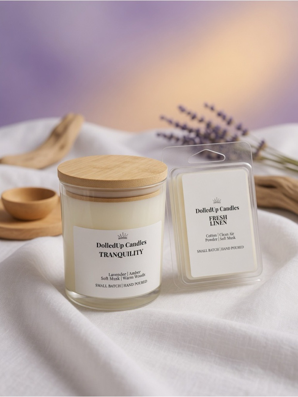 Tranquility Linen Duo | Lavender Amber 9oz Candle + Fresh Linen Wax Melts